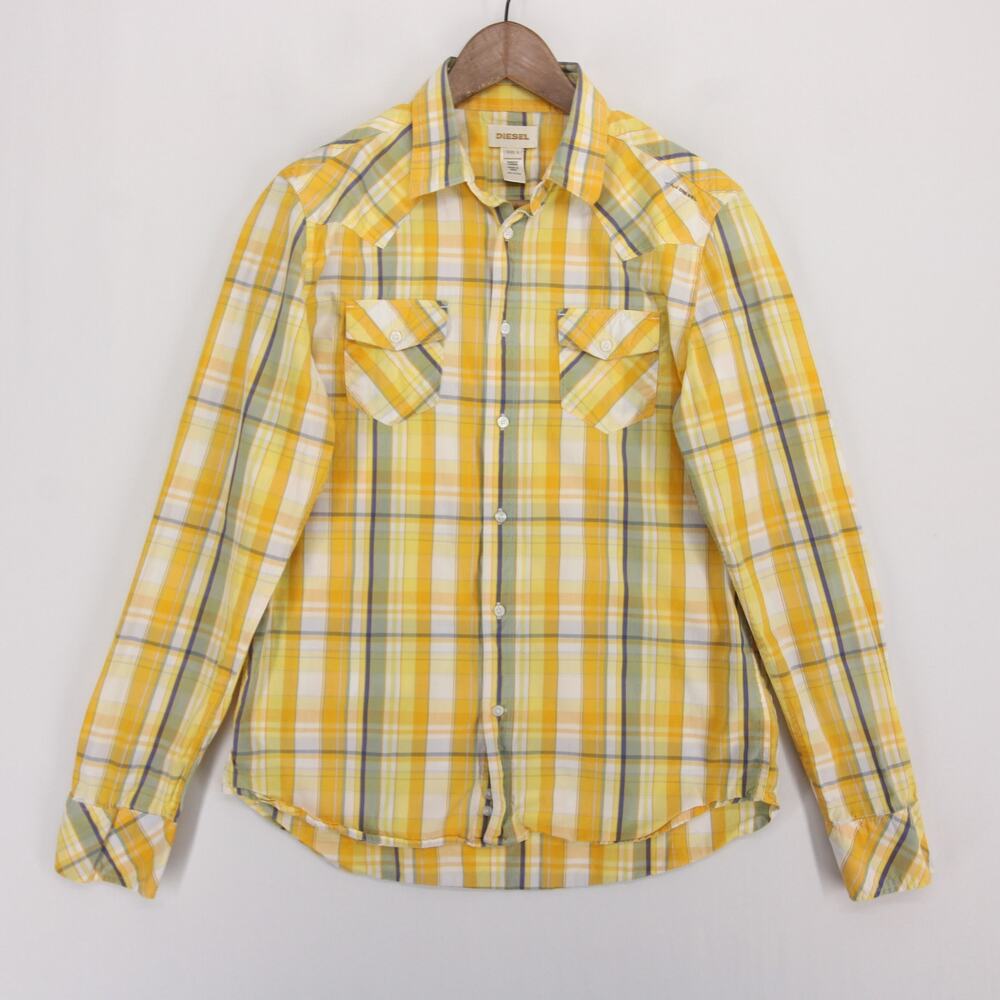 Diesel Shirt Mens L Yellow Plaid Western Cotton Long Sleeve Button Up